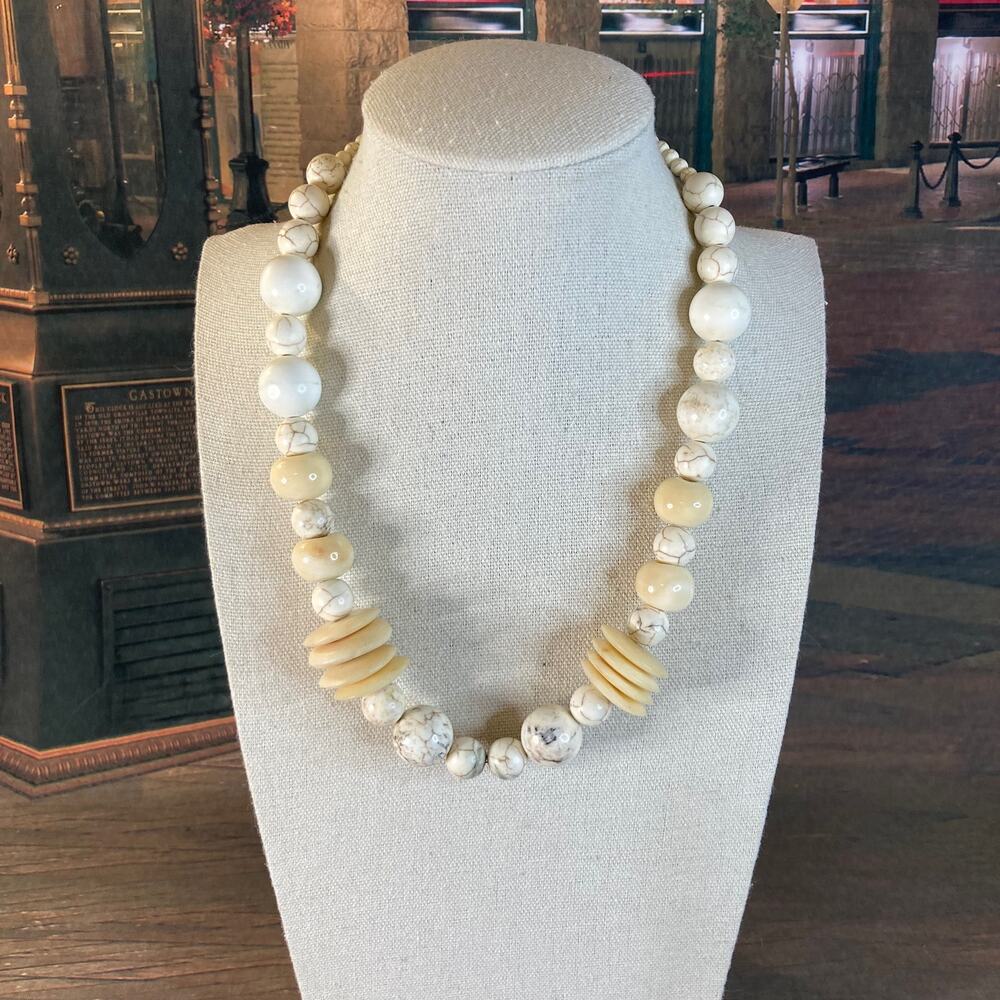 Artisan Made Natural Stone Howlite, Soapstone (?) & Ceramic Bead Necklace Boho